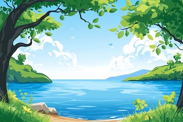 Serene lakeside escape framed by lush green trees on a bright summer day with gentle blue waters and a peaceful atmosphere.