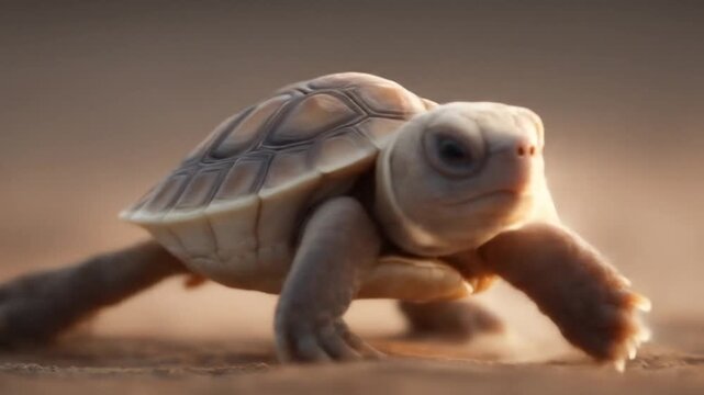 A close-up of a tiny turtle making its way across the sandy terrain, showcasing the details of its shell and determined expression.