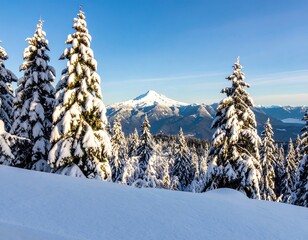 Snowy mountain vista through pine trees