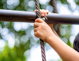 遊具のロープを握る子供の手