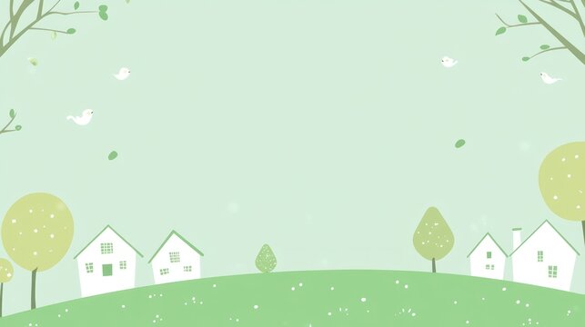 Illustrative depiction of quaint houses on a lush green landscape with trees