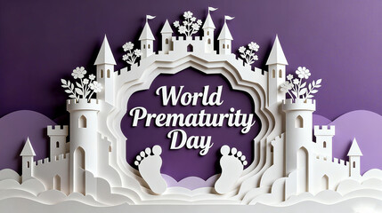 Castle and baby footprints represent the concepts of World Premature Birth Day, Life Preservation, and global concern, suitable for public welfare promotion scenarios.
