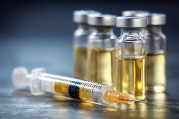 Medical vials with liquid and syringe on reflective surface