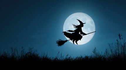 Silhouette of witch flying on broomstick against full moon creates mystical and enchanting atmosphere. dark landscape adds to magical feeling of scene
