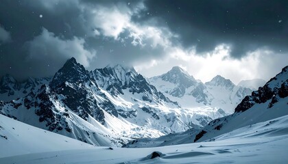Snowy mountain range, dramatic sky