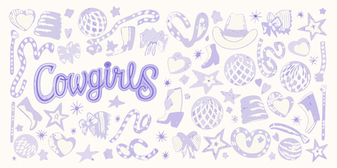Whimsical cowgirls text surrounded by a variety of fun purple doodle icons and illustrations