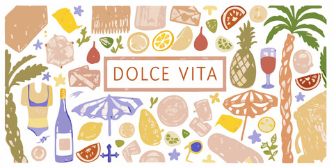 Vibrant dolce vita collage featuring summer vacation elements like fruit drinks and beach accessories