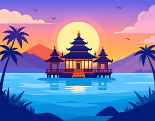 Tranquil Asian Temple on Water with Palm Trees and Sunset Illustration