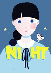 Charming Flat Design Illustration of a Young Girl in a Serene Night Setting