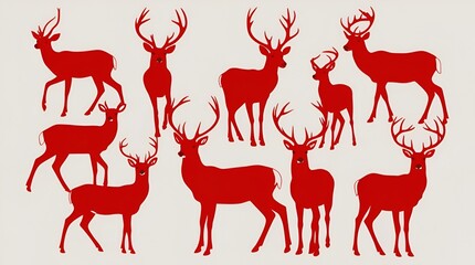 Red deer silhouette pack – male and female deer in different angles, clean vector style ideal for print, patterns, or nature-themed illustrations.