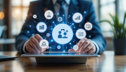 Business improvement and solution strategy. Using a digital tablet with floating icons analytics, innovation, teamwork, process, collaboration and growth. Strategic planning and continuous improvement