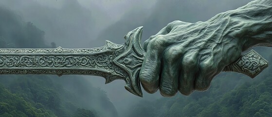 Stone hand gripping an ornate sword above a misty mountain landscape