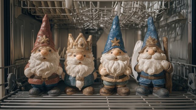Whimsical gnome figurines enjoying a dishwasher adventure, cleanliness theme
