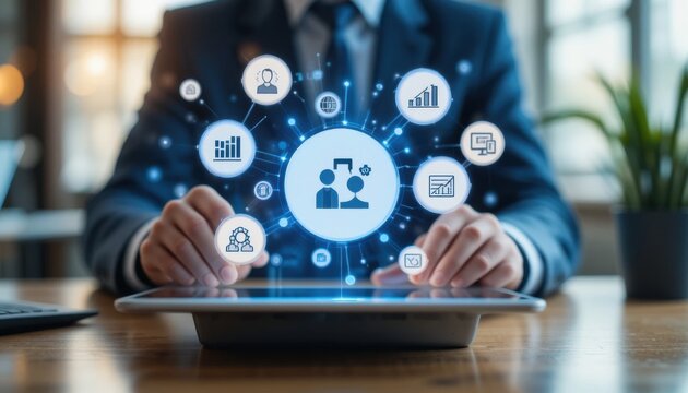 Business improvement and solution strategy. Using a digital tablet with floating icons analytics, innovation, teamwork, process, collaboration and growth. Strategic planning and continuous improvement