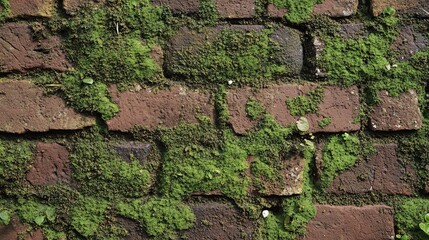 Vintage Moss-Covered Red Brick Wall PBR Texture: Natural Weathered Surface for Game Environments, Architectural Decoration and 3D Modeling Design