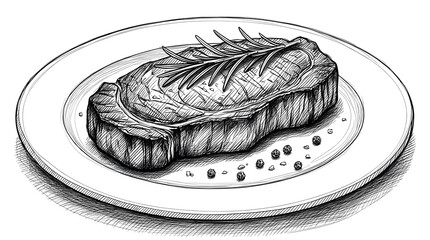 An exquisite handdrawn steak isolated on white background, adorned with rosemary and peppercorns, showcasing culinary artistry and gastronomic delight