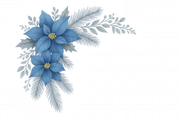 Watercolor poinsettia flowers with pine branches and leaves forming a festive corner botanical illustration. Transparent background