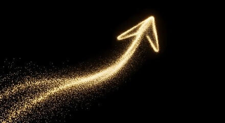 A shimmering golden arrow trail made of sparkling glitter particles moving upward in a curve against a solid black background, symbolizing growth