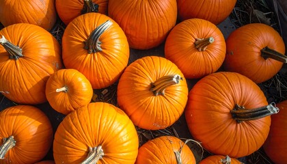 An overhead shot showcases an arrangement of multiple bright orange, round gourds, some with green stems, displayed together