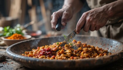 A close-up on a pair of weathered hands preparing food in a traditional kitchen.