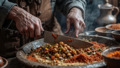 A close-up on a pair of weathered hands preparing food in a traditional kitchen.