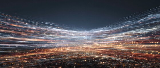 Glowing digital panorama of layered light streaks forming a futuristic, abstract valley.