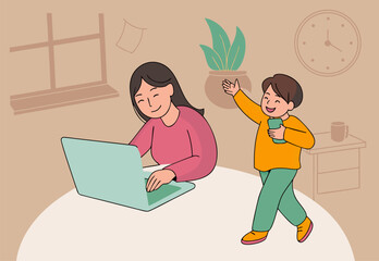Professional Woman Balancing Remote Work and Family Life with Son, Modern Home Office Illustration