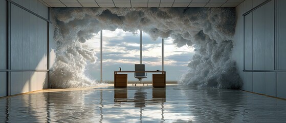 Office desk and chairs in a flooded minimalist room with a torn wall opening to a cloudy sky.