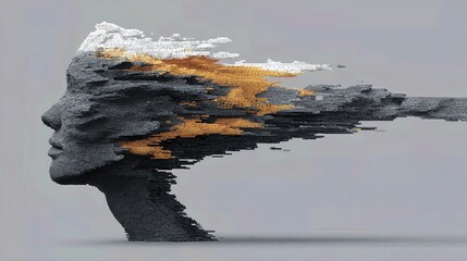 Abstract sculptural profile of a human head made from layered horizontal fragments trailing into motion.