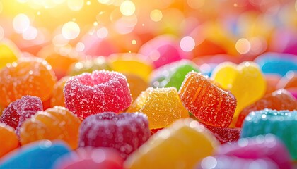 Macro Close Up of Colorful Assorted Candies with Bokeh Lights Bright and Vibrant Colors Sugar Coated Gummy Treats Sweet Tooth Indulgence Festive Mood