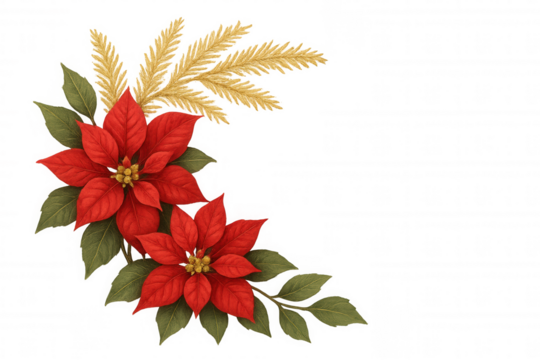 Poinsettia and golden pine sprig corner illustration for christmas and holiday greeting card designs