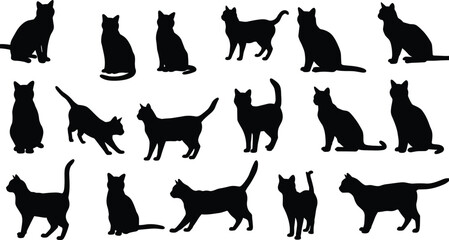 Black cat silhouette vector illustration set with multiple poses, pet animal artwork, graphic design collection for decoration, creative projects