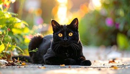 A black cat with yellow eyes reclines on a sunlit path, amidst vibrant flowers and greenery