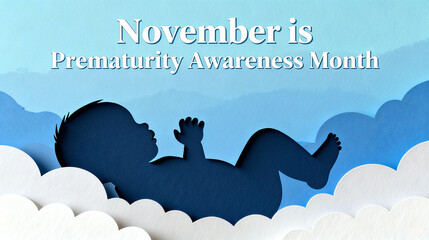 Paper art style babies and clouds, representing awareness months for premature birth, purity of life, and the concept of attention, are suitable for public welfare promotion scenarios.

