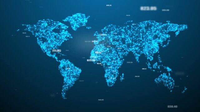 Digital world map highlights global economy and networks marketing. World map represented by fluctuating lines and numbers showcases the interconnected nature of global financial data