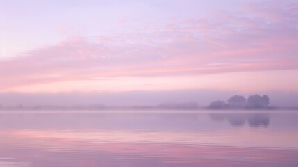 Fototapeta premium Soft Pastel Pink Mist Drifts Over a Calm, Glass-Like Lake as Sunrise Light Glows—Capturing a Serene, Dreamy Morning Scene Ideal for Landscape, Nature, or Tranquil Visual Projects.