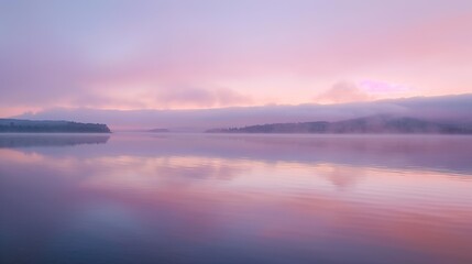 Obraz premium Soft Pastel Pink Mist Drifts Over a Calm, Glass-Like Lake as Sunrise Light Glows—Capturing a Serene, Dreamy Morning Scene Ideal for Landscape, Nature, or Tranquil Visual Projects.