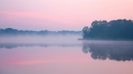 Fototapeta premium Soft Pastel Pink Mist Drifts Over a Calm, Glass-Like Lake as Sunrise Light Glows—Capturing a Serene, Dreamy Morning Scene Ideal for Landscape, Nature, or Tranquil Visual Projects.