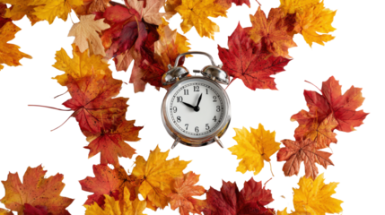 The picture features a vintage-style alarm clock surrounded by colorful autumn leaves on white background 