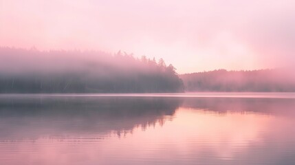 Fototapeta premium Soft Pastel Pink Mist Drifts Over a Calm, Glass-Like Lake as Sunrise Light Glows—Capturing a Serene, Dreamy Morning Scene Ideal for Landscape, Nature, or Tranquil Visual Projects.
