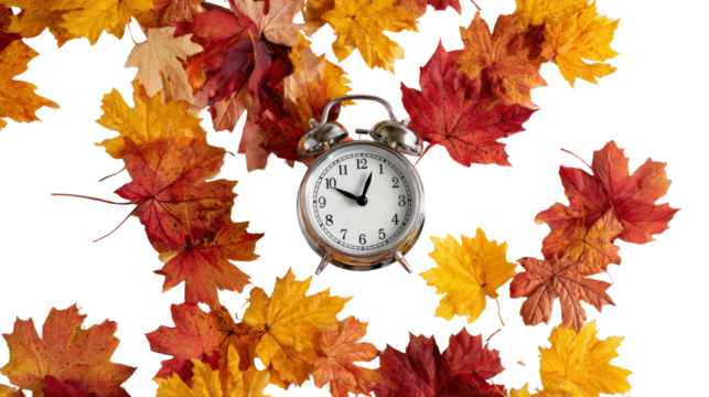 The picture features a vintage-style alarm clock surrounded by colorful autumn leaves on white background 