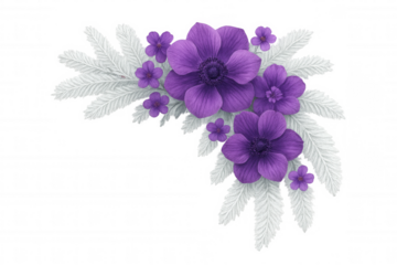 Purple anemone flowers with silver leaves forming a botanical watercolor bouquet arrangement