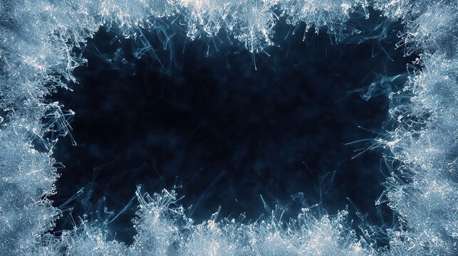 Delicate ice crystals form a frosty frame against a dark, blurred background