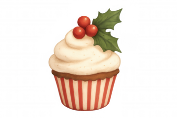Christmas cupcake with holly and berries, festive dessert for winter holidays, celebration sweet food