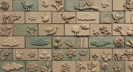 Naklejka premium Whimsical Ceramic Tile Mural: Birds, Clouds, and Flowers in Pastel Hues