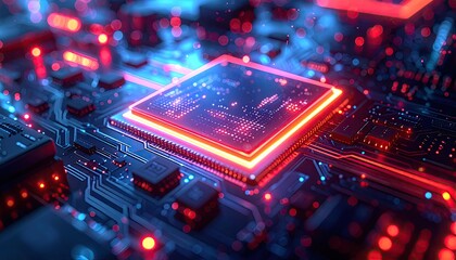 Abstract Microchip Close Up with Red and Blue Light Effects in High Definition