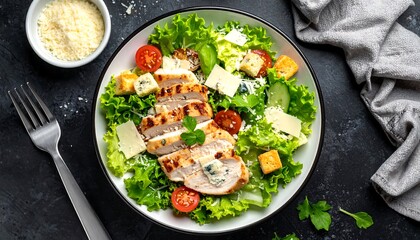 An overhead shot shows a vibrant salad with grilled chicken on a dark surface. Fresh greens, tomatoes, croutons, and cheese complete the presentation. A fork and grated cheese garnish the scene