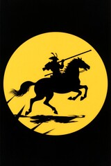 Fototapeta premium Samurai on Horse Silhouette Illustration: Full Moon, Japanese Warrior Art