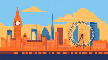 Fototapeta premium Cityscape illustration featuring buildings and structures under a blue sky