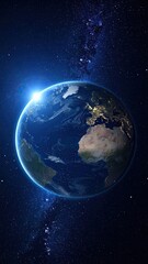 Obraz premium Earth Planet View from Space with Bright City Lights and Starry Background in Dark Blue Tones and Pixelated Details for Vertical Mobile Wallpaper